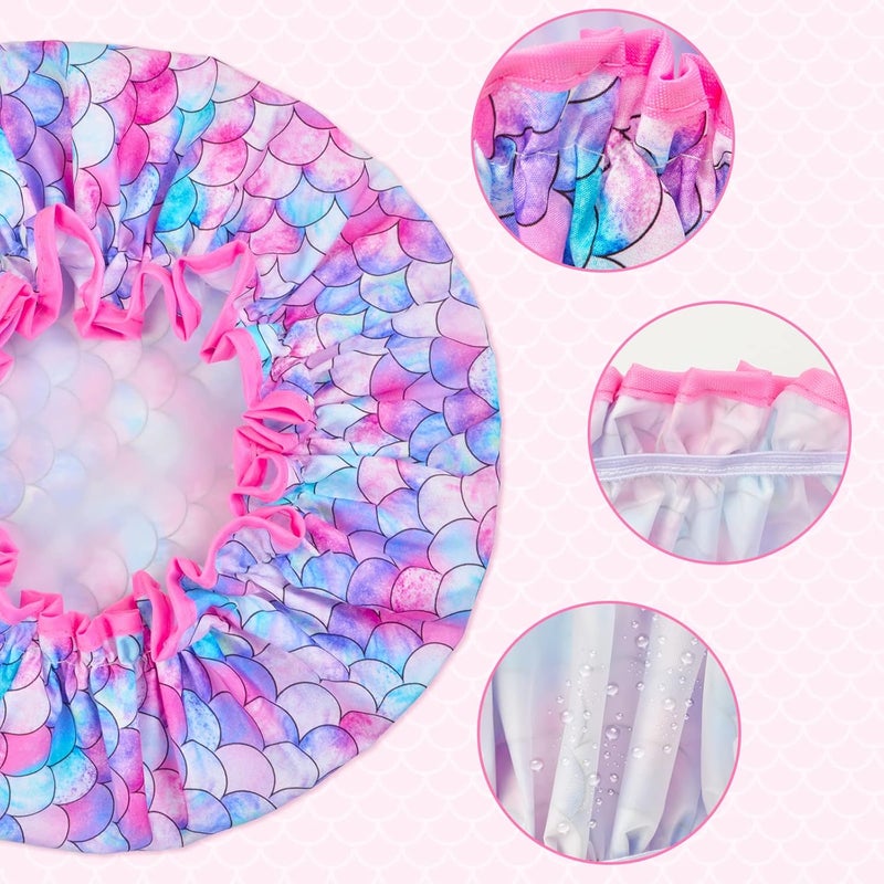 OlyPegic Kids Shower Cap, 3 Pcs Girls Shower Cap for Kids Reusable Waterproof Adjustable Large Hair Cap Unicorn Mermaid Rainbow Cute Hair Cover Hat - Image 4